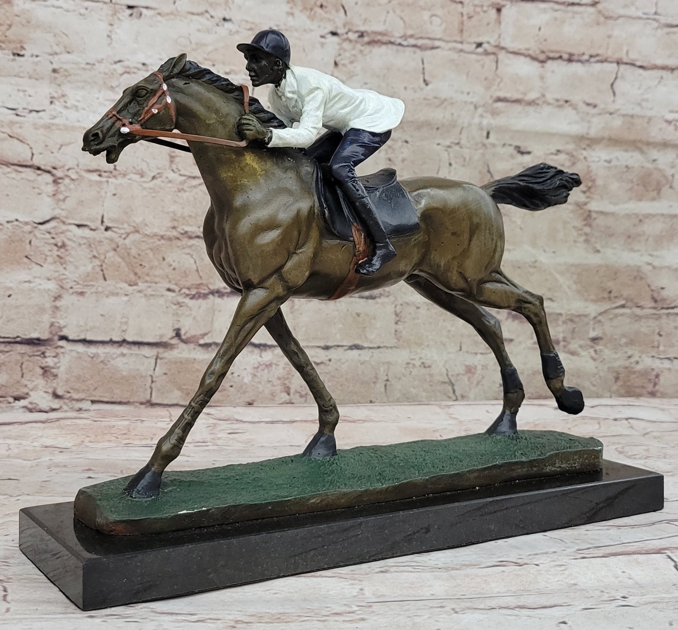 JOCKEY RIDING HORSE BRONZE STATUE FIGURE FIGURIN HOT 