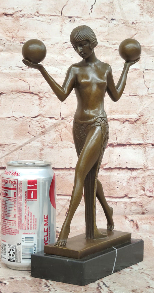 Art Deco Nude Woman Balancing Spheres Bronze Sculpture Statue