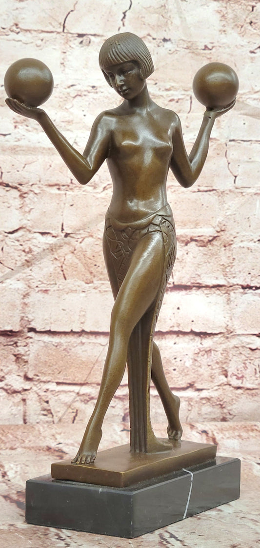 Art Deco Nude Woman Balancing Spheres Bronze Sculpture Statue