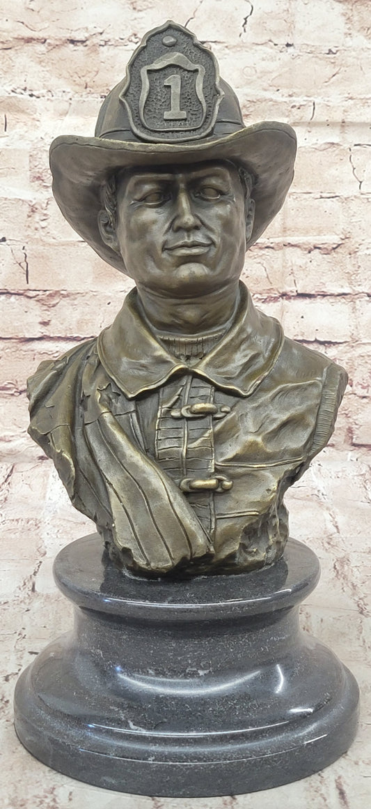 Firefighter Fireman Bronze Metal Bust Statue Sculpture Memorial on Marble Base