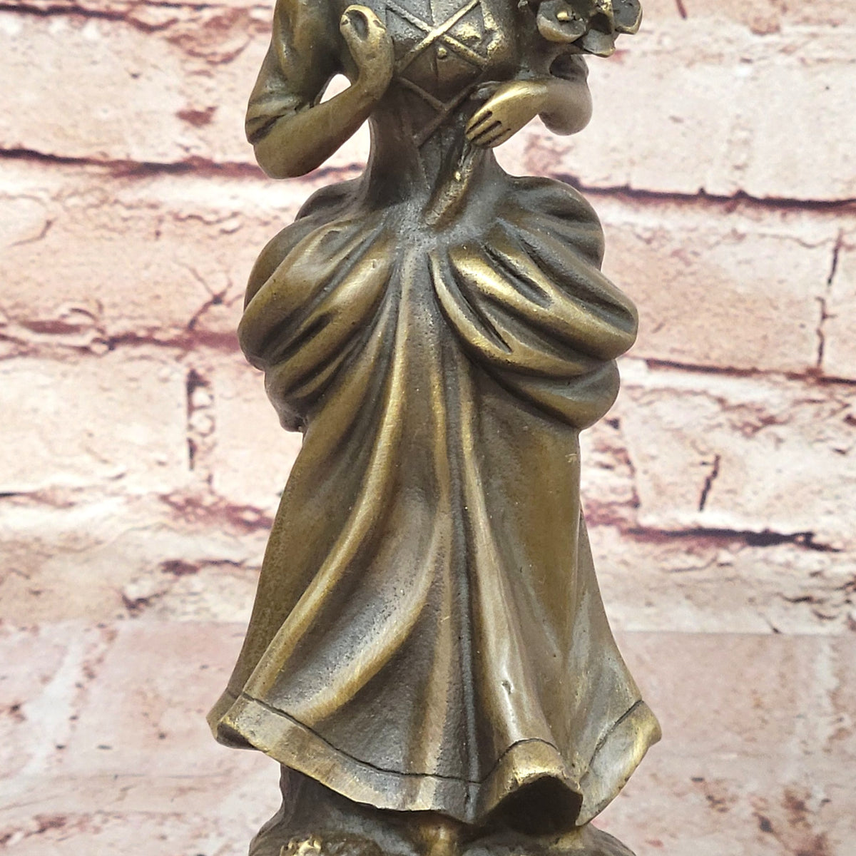 Vintage Bronze Sculpture of a Victorian Lady Holding Flowers Antique