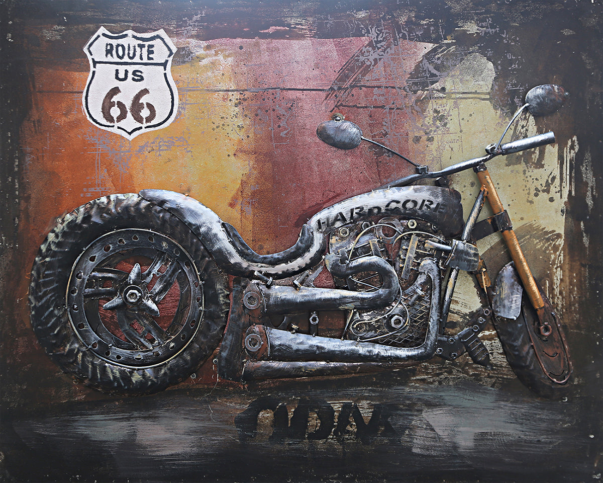 Route 66 Motorcycle Chopper HOG Metal & Wood 3D Wall Art Mixed Media P ...