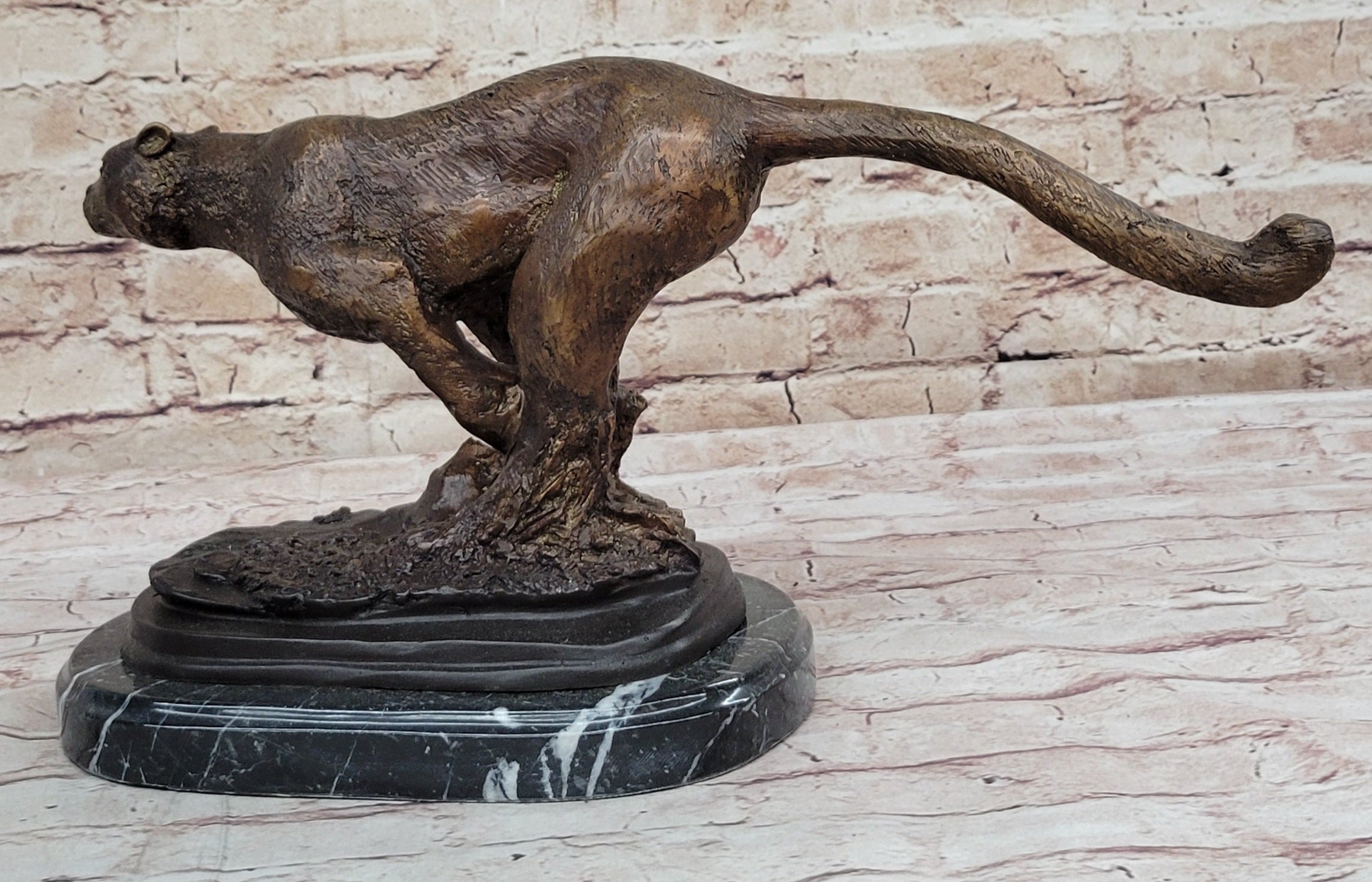 SIGNED STALKING PUMA PANTHER BRONZE SCULPTURE FIGURE STATUE ART FIGURINE  MARBLE