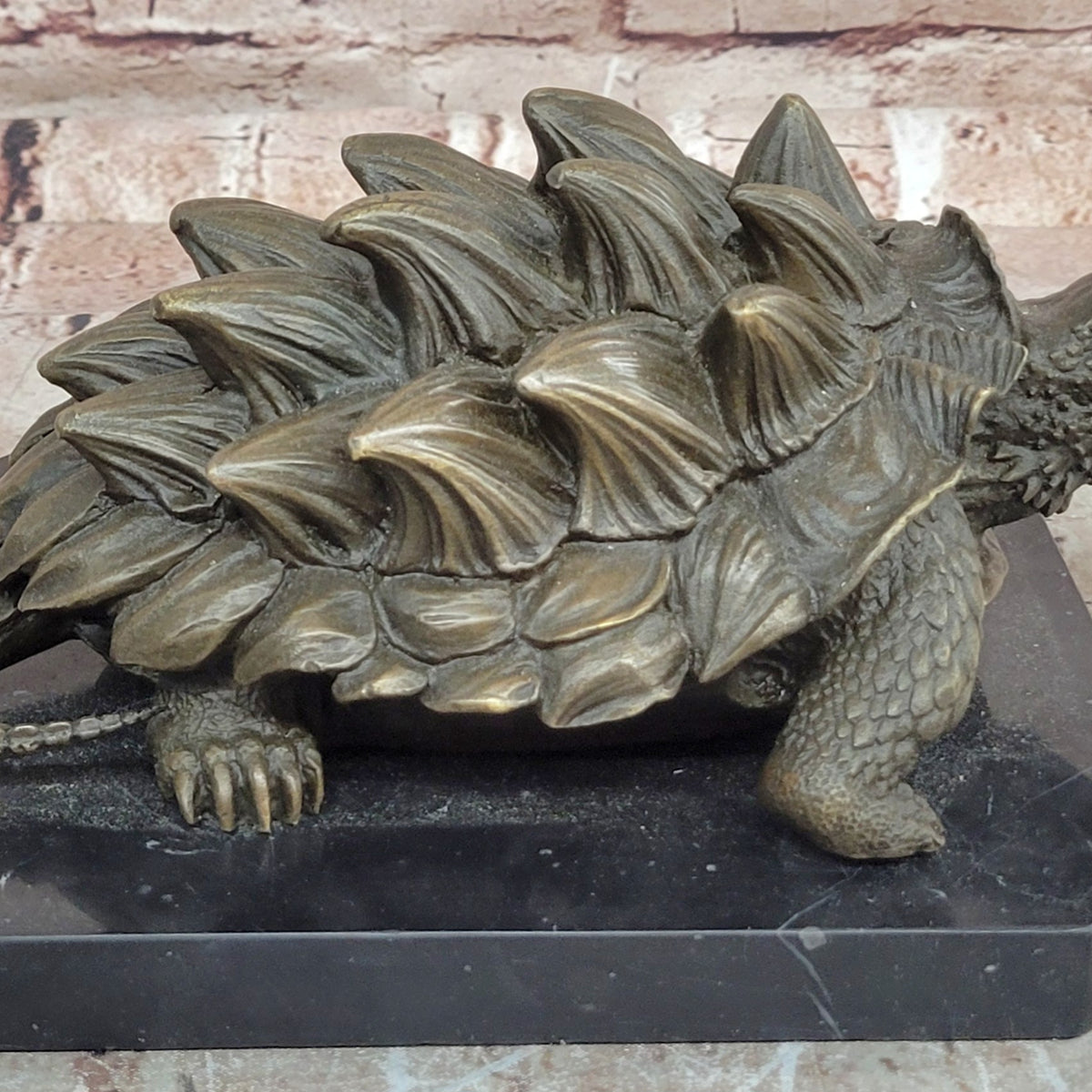Bronze Snapping Turtle Sculpture with Spiked Shell on Black Marble Bas ...