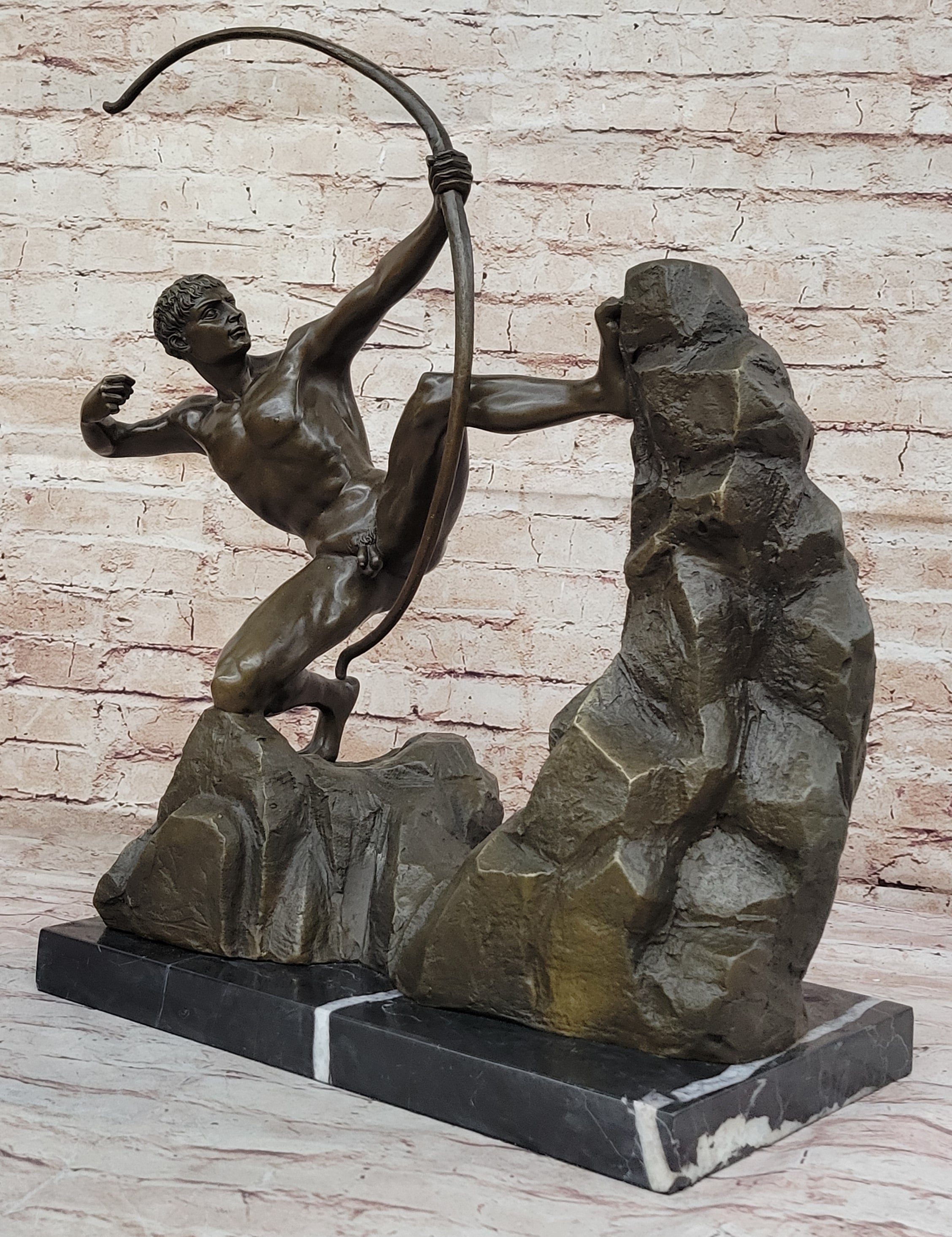 Nude Archer with Bow Bronze Sculpture Statue by Emile Bourdelle on Marble Base