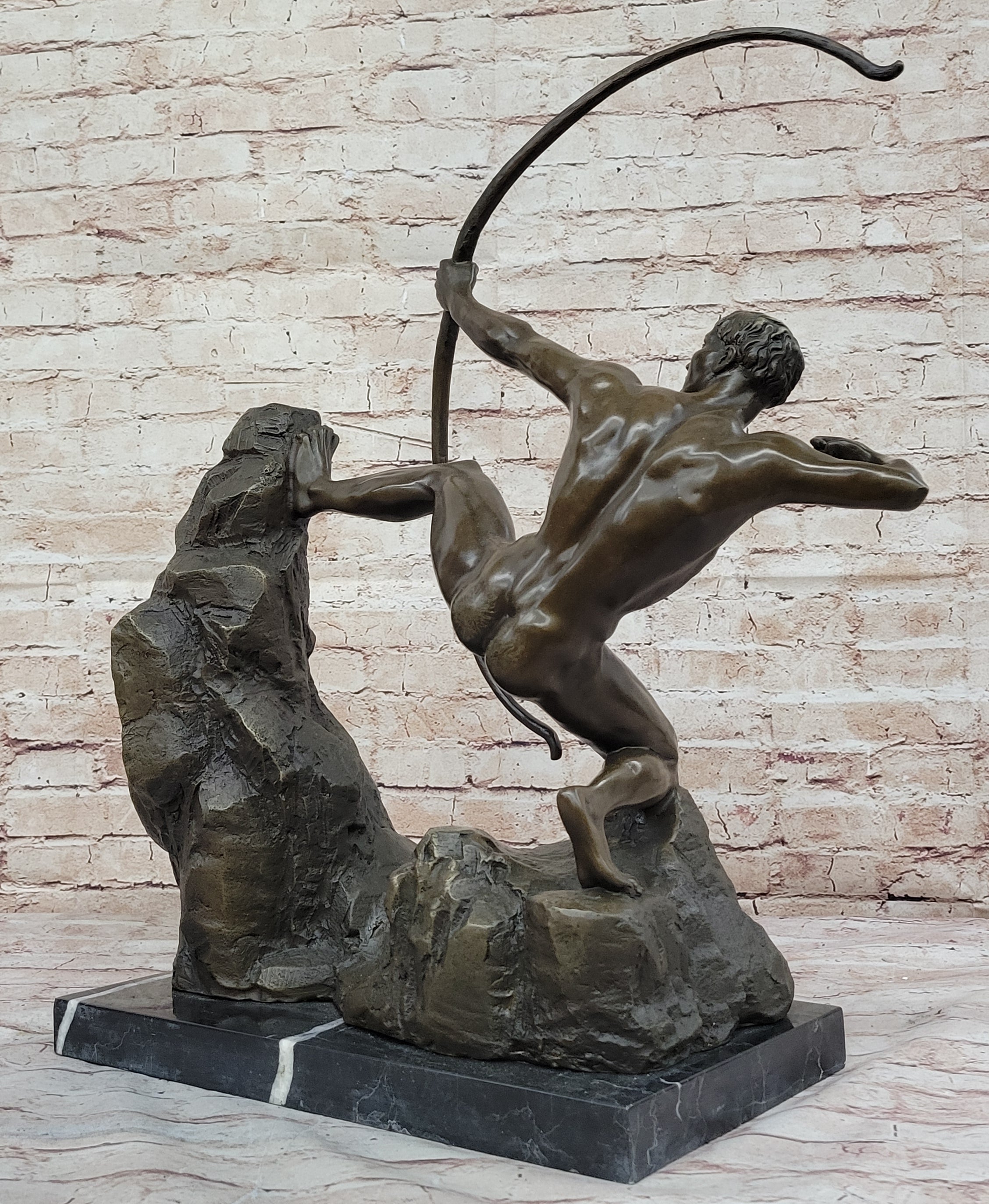 Nude Archer with Bow Bronze Sculpture Statue by Emile Bourdelle on Marble Base