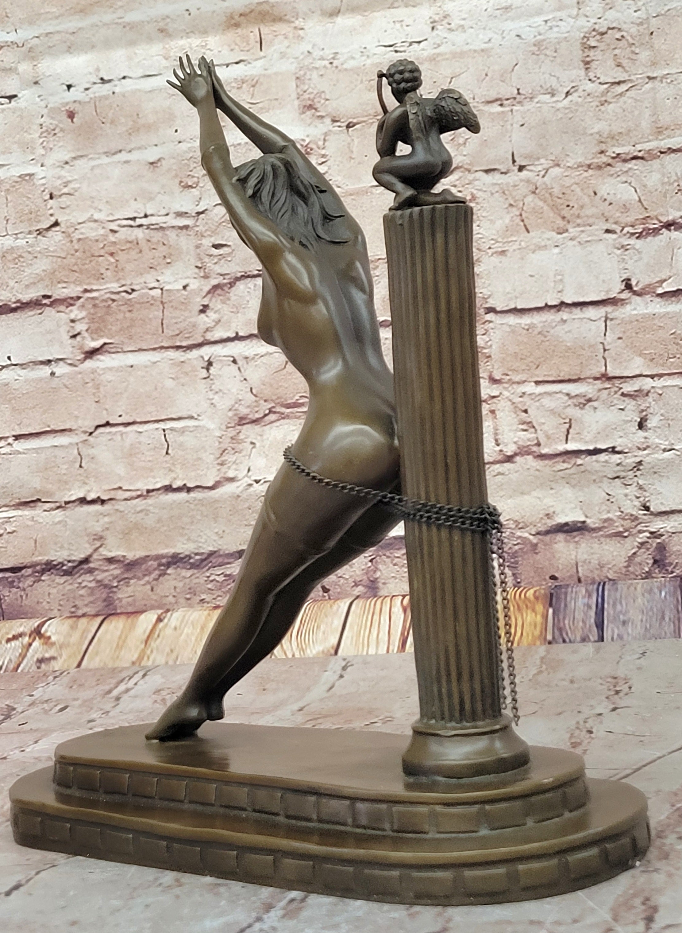 Sexy Erotic Girl in Lingerie Tied to a Column w/ Cupid - Art Deco Bron Bronzhaus Sexy Erotic Girl in Lingerie Tied to a Column w/ Cupid - Art Deco Bron Bronzhaus