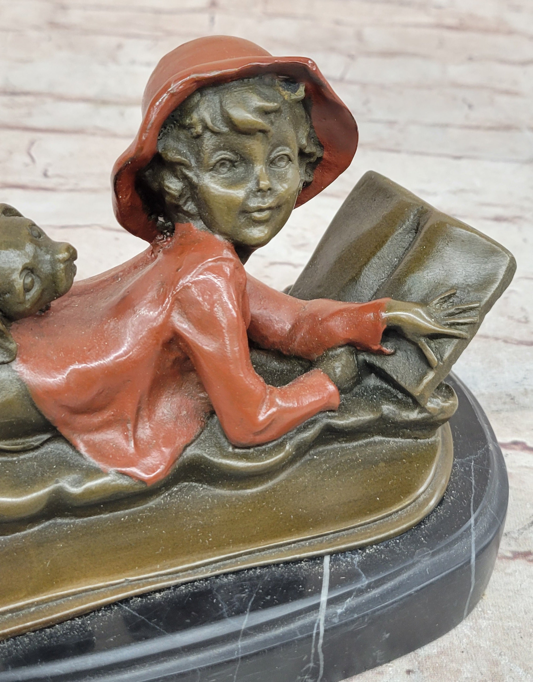 Little Girl Laying Down Reading Book w/ Puppy Dog - Bronze Sculpture by  Milo on Marble Base