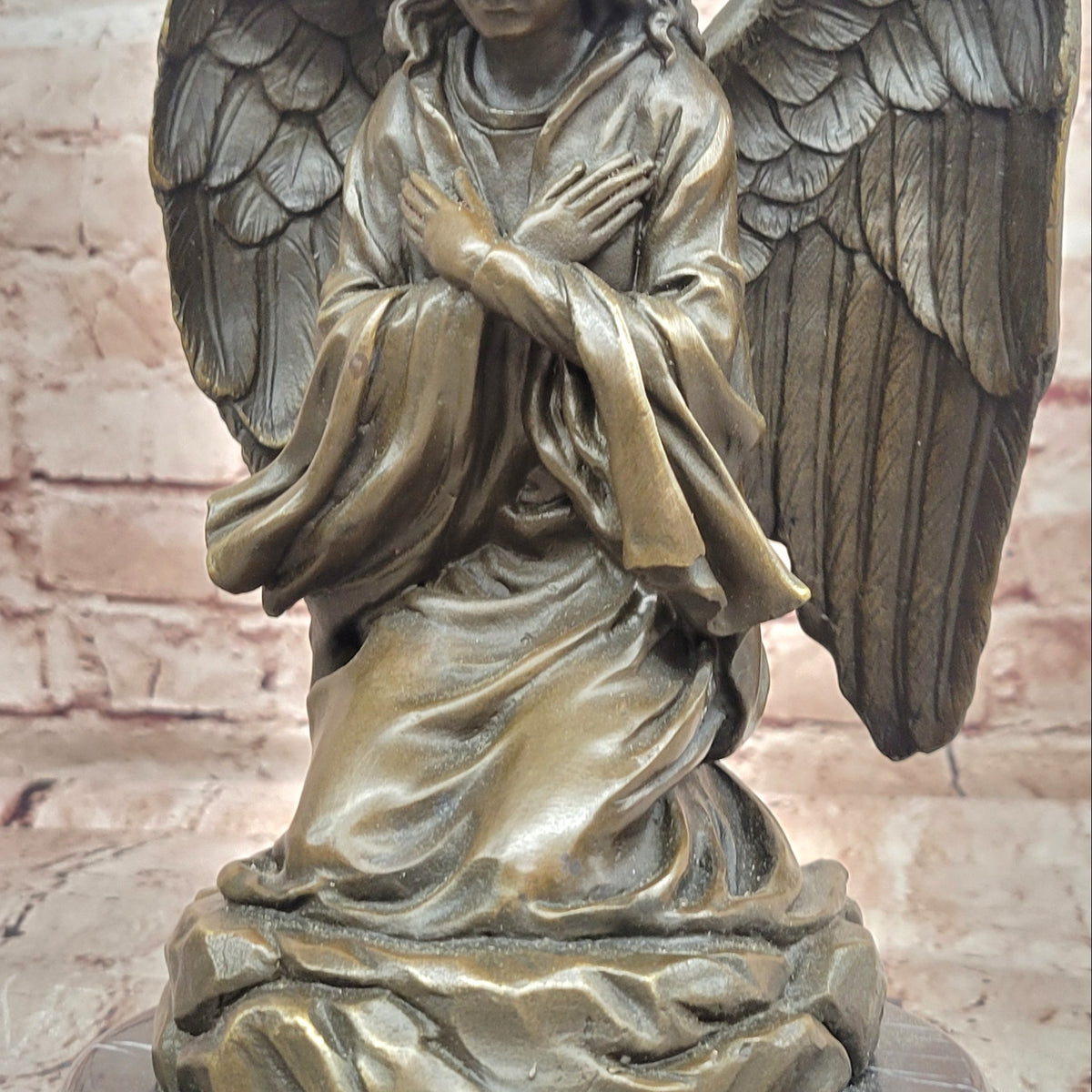 Kneeling Angel with Folded Wings Bronze Sculpture on Marble Base ...
