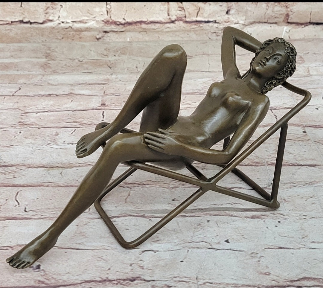 Nude Sunbathing Female Figure on Beach Chair - Bronze Sculpture by Mario  nick