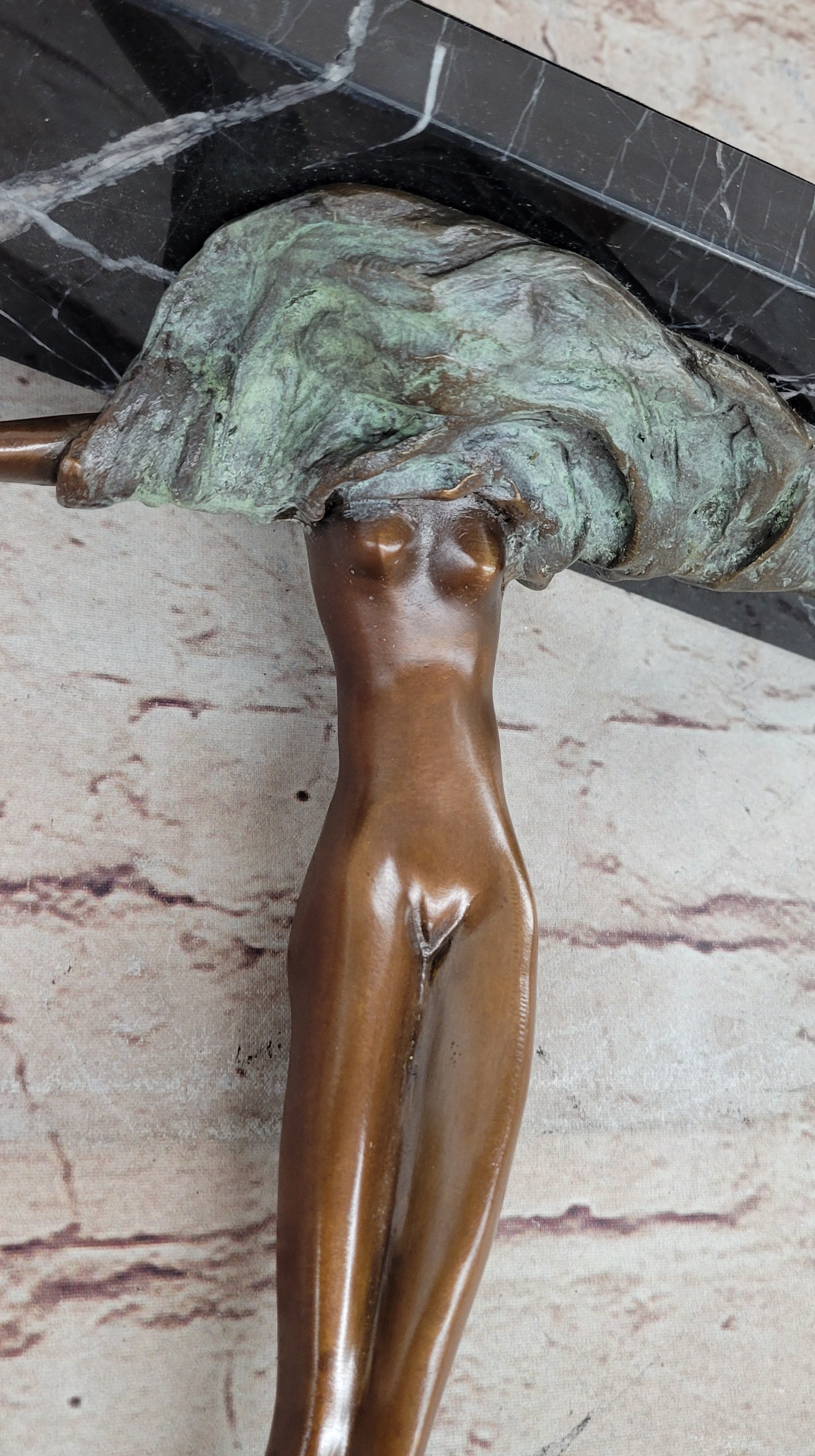 Surrealist Abstract Art Bronze Sculpture of Upside Down Nude Female Figure  on Marble Base