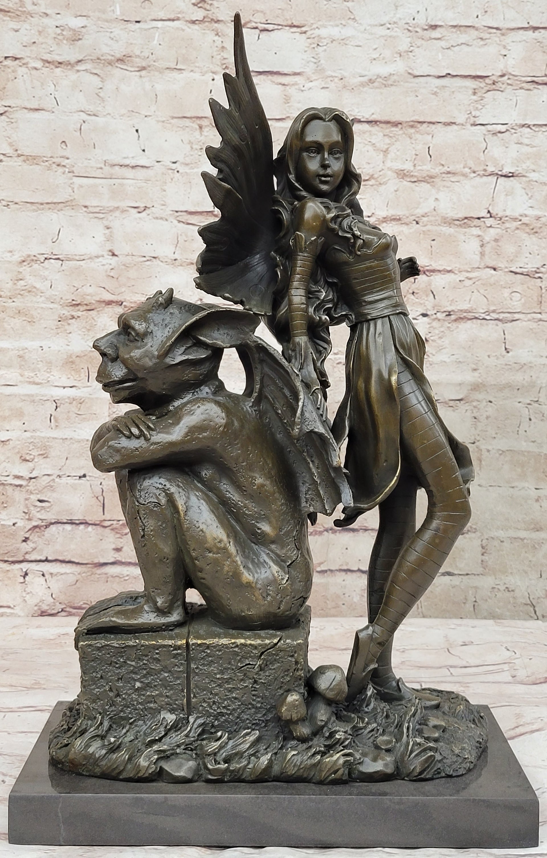 Gothic Angel and Gargoyle Bronze Sculpture with Winged Female Figure