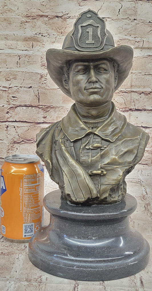 Firefighter Fireman Bronze Metal Bust Statue Sculpture Memorial on Marble Base