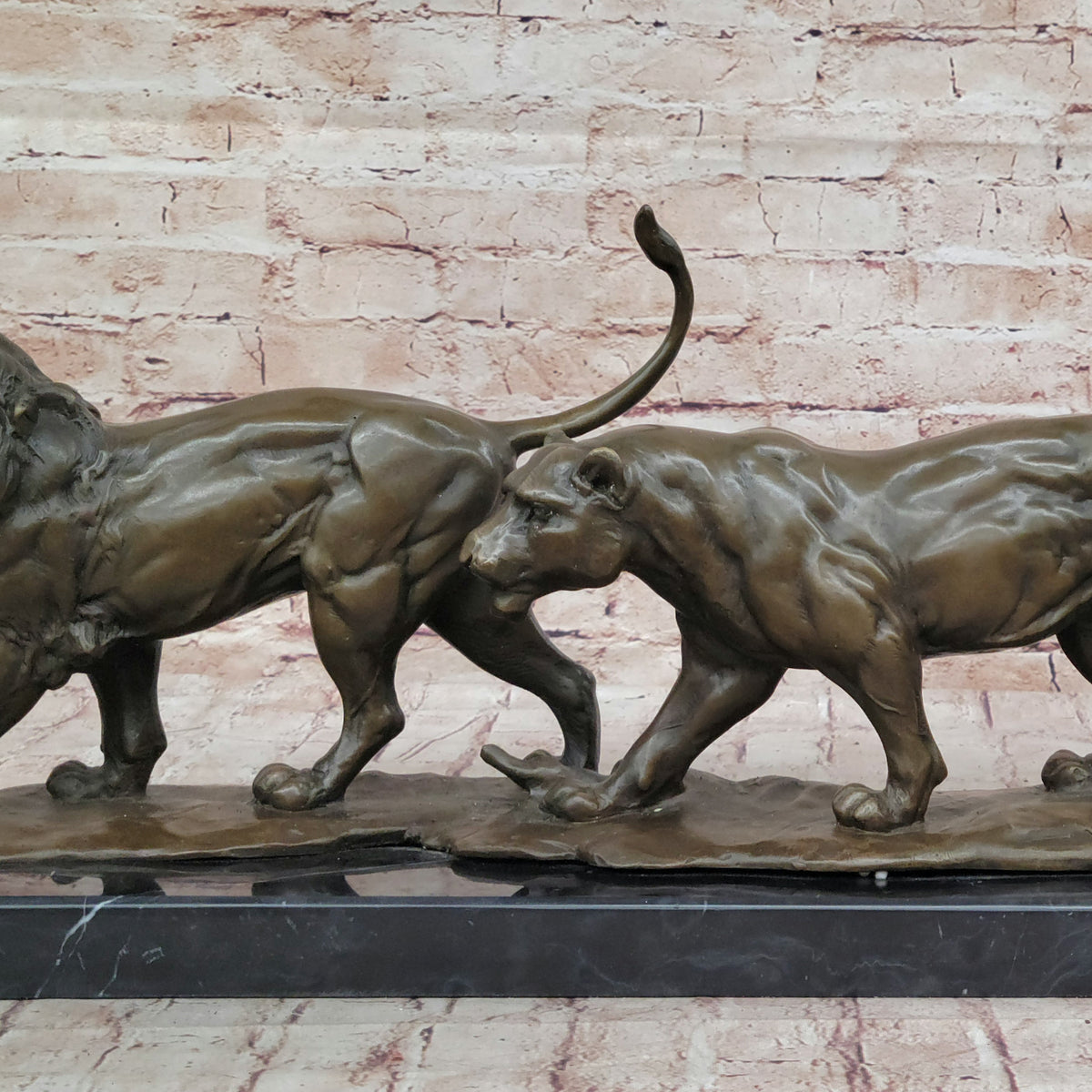 Bronze Lion and Lioness Sculpture in Striding Pose on Marble Base ...