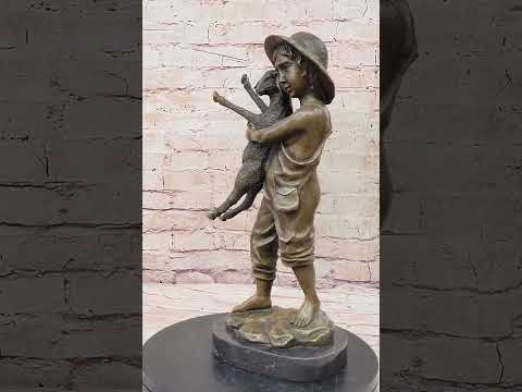 Real Bronze Metal Statue on Marble Base Young Farm Boy & His Sheep Sculpture