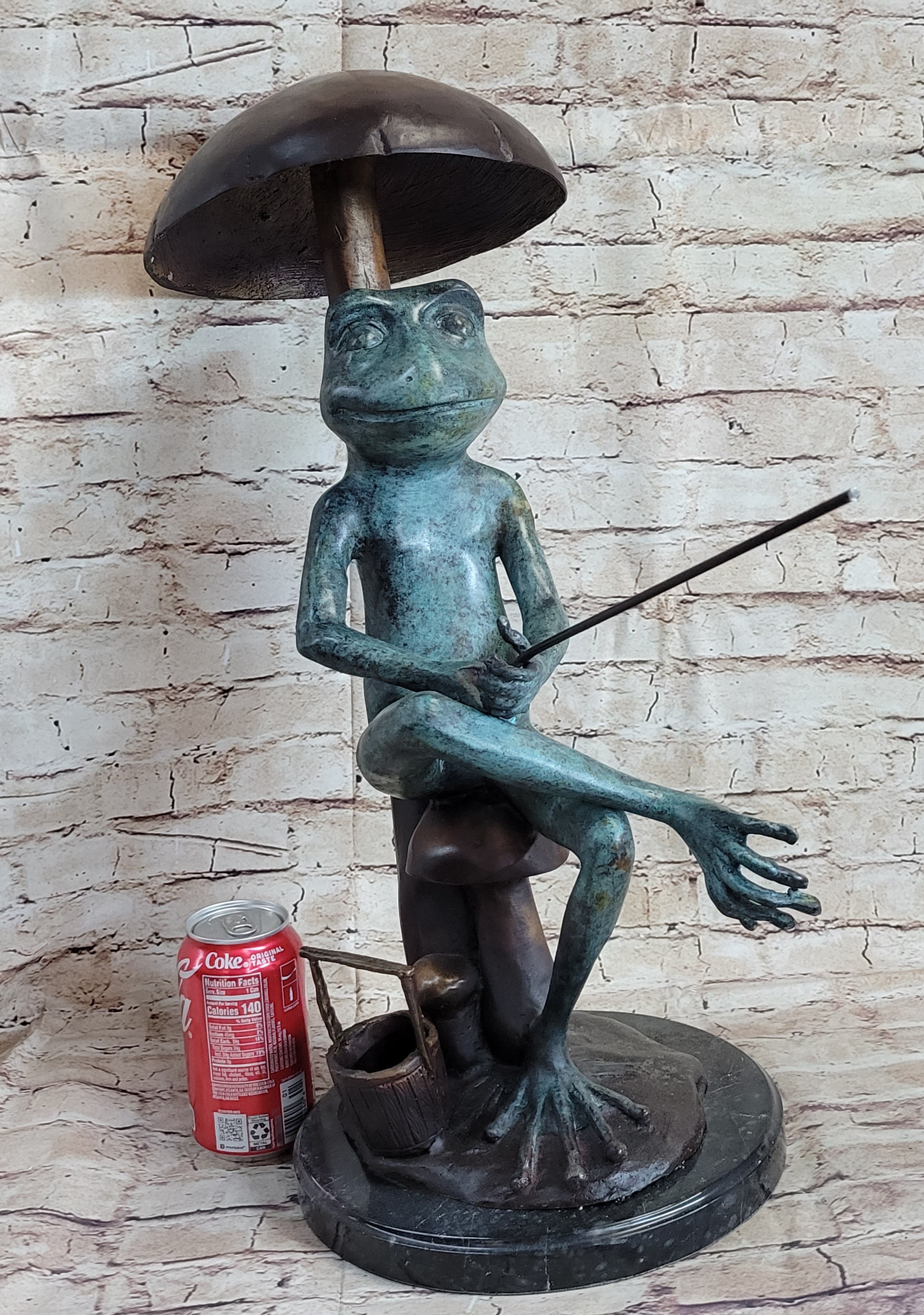 Bronze Sculpture Statue of a Frog Fishing Under a Mushroom Signed