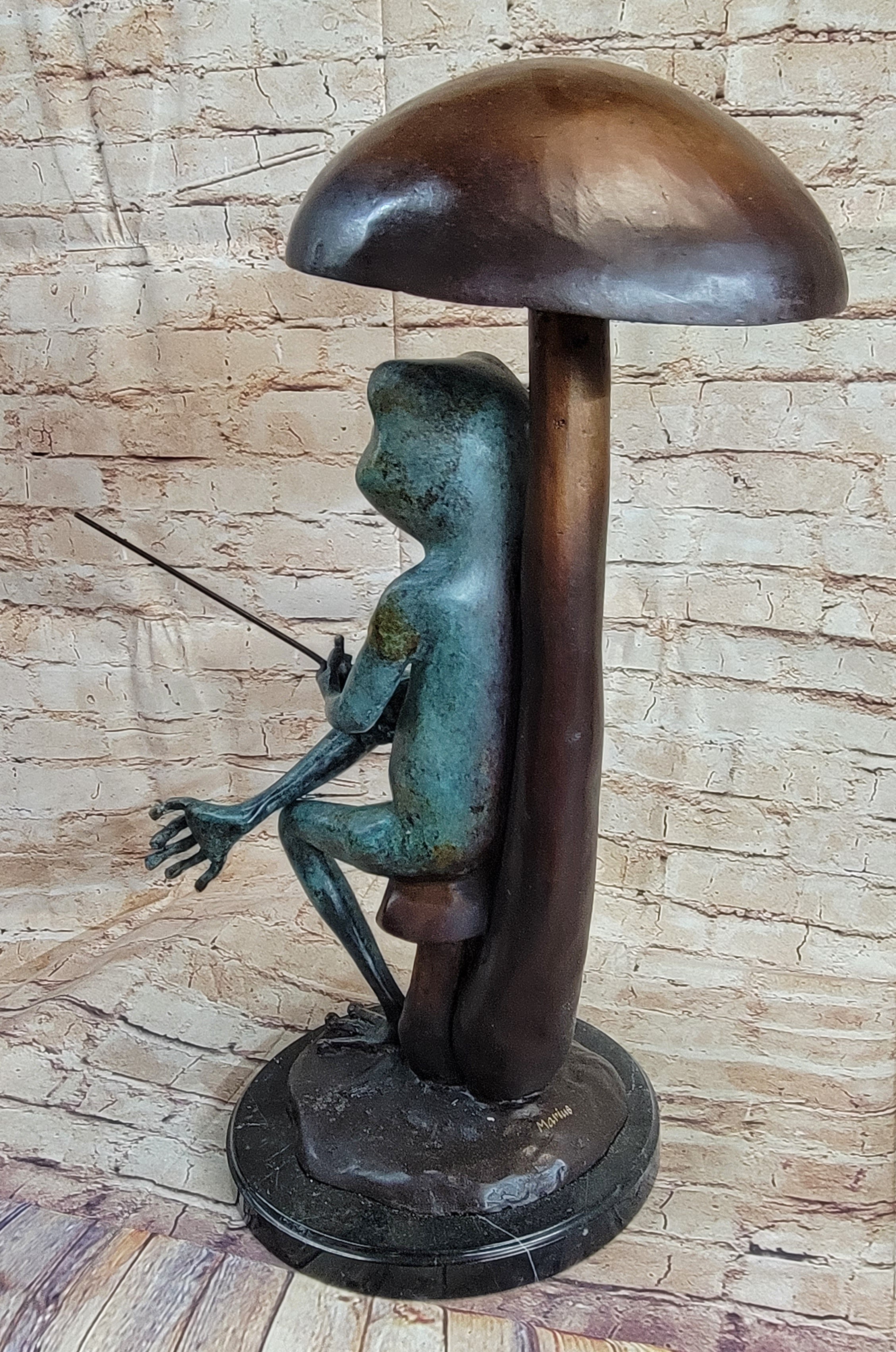 Bronze Sculpture Statue of a Frog Fishing Under a Mushroom Signed