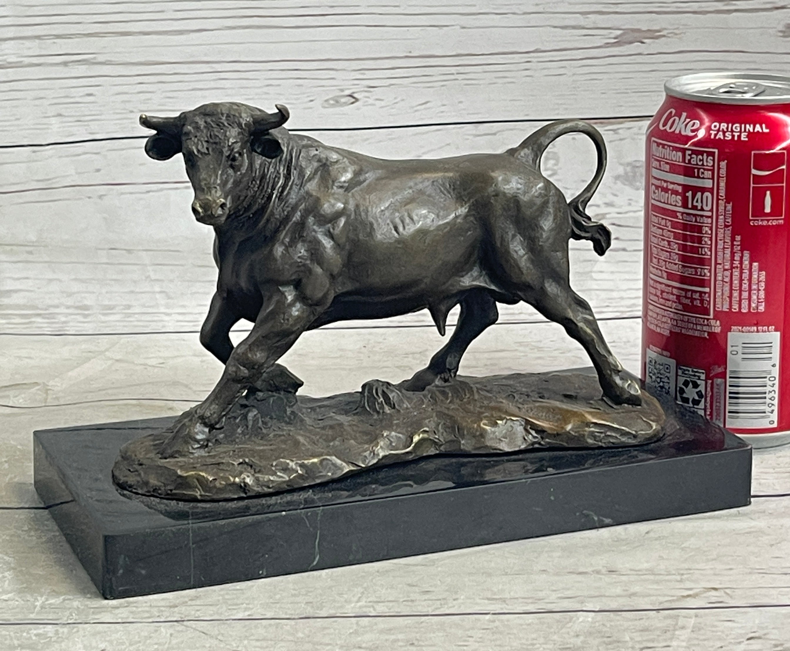 Spanish Bull Hot Cast Bronze Sculpture Statue Figure on Marble Base
