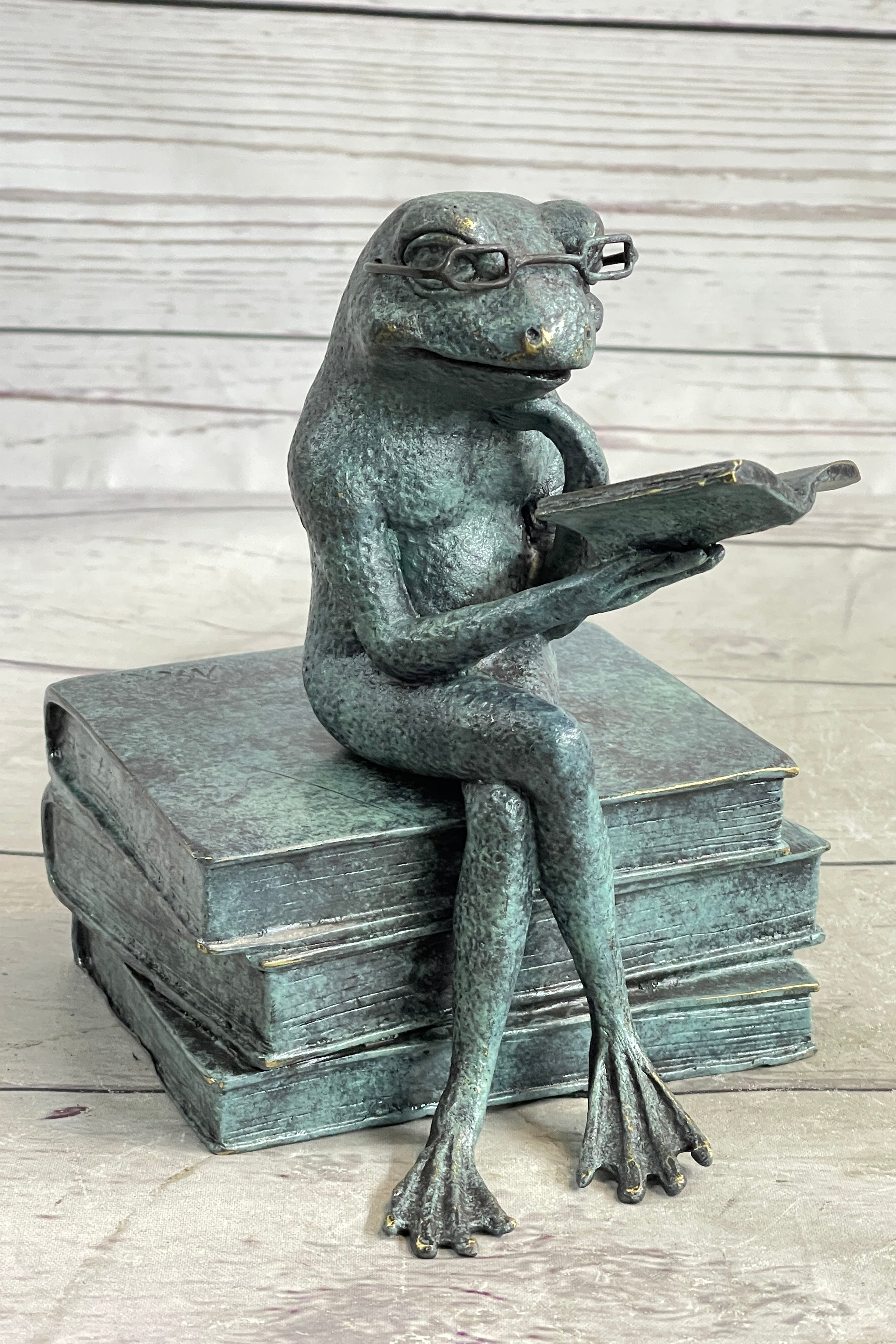 Frog Reading a Book Bronze Metal Sculpture Statue Decor Signed Art