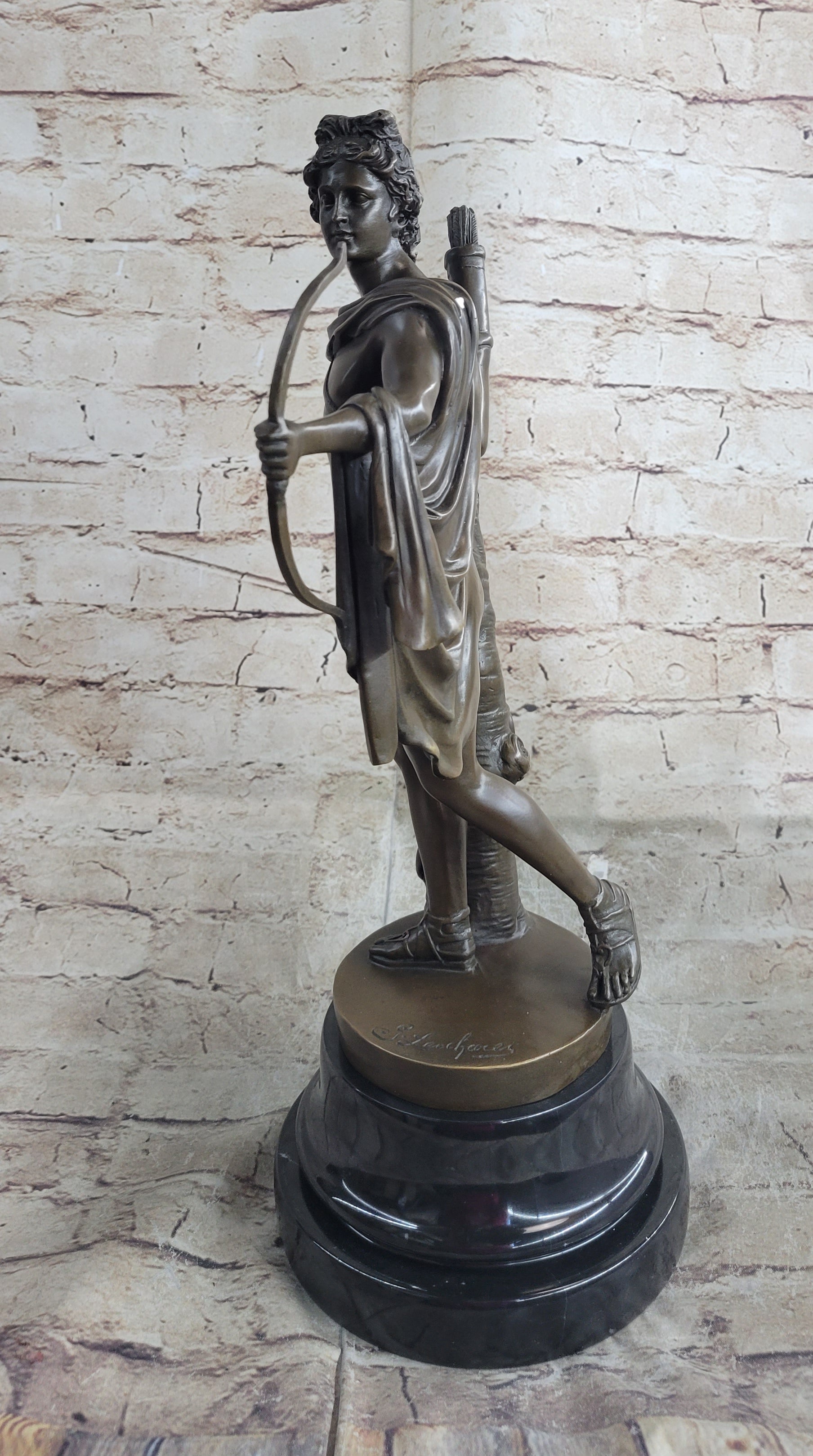 Greek Roman God Apollo as an Archer Holding Bow Bronze Sculpture Statue  Nude Figure