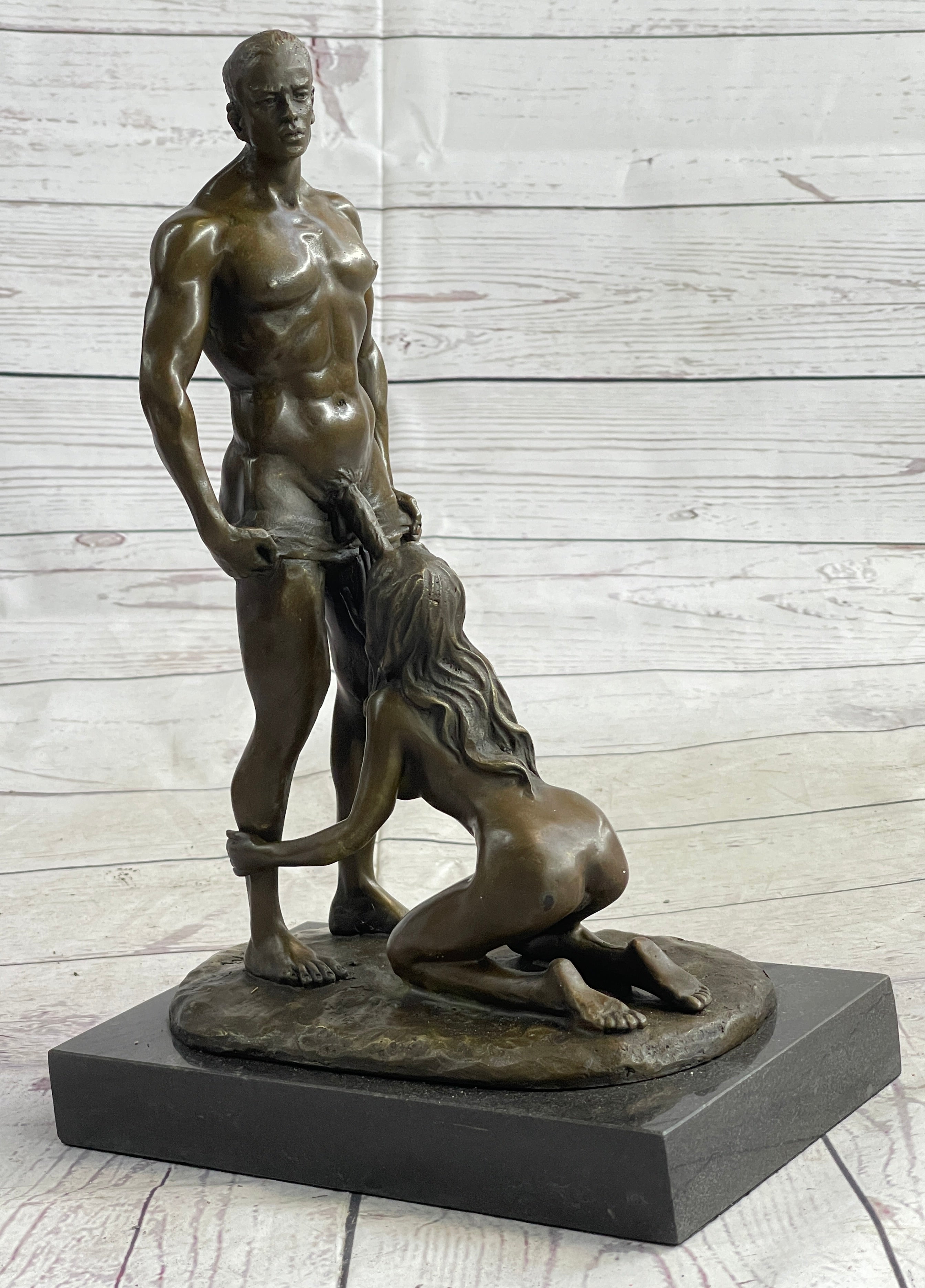 Blowjob Bronze Statue Sculpture Girl on Her Knees Erotic Art on Marble