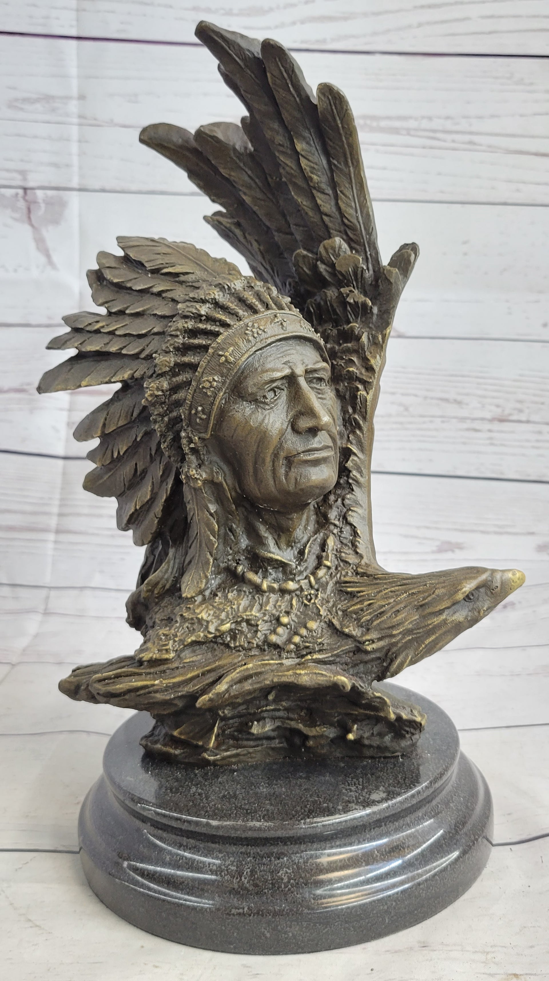Native American Man & Eagle Bronze Metal Bust Sculpture Statue on Marb ...