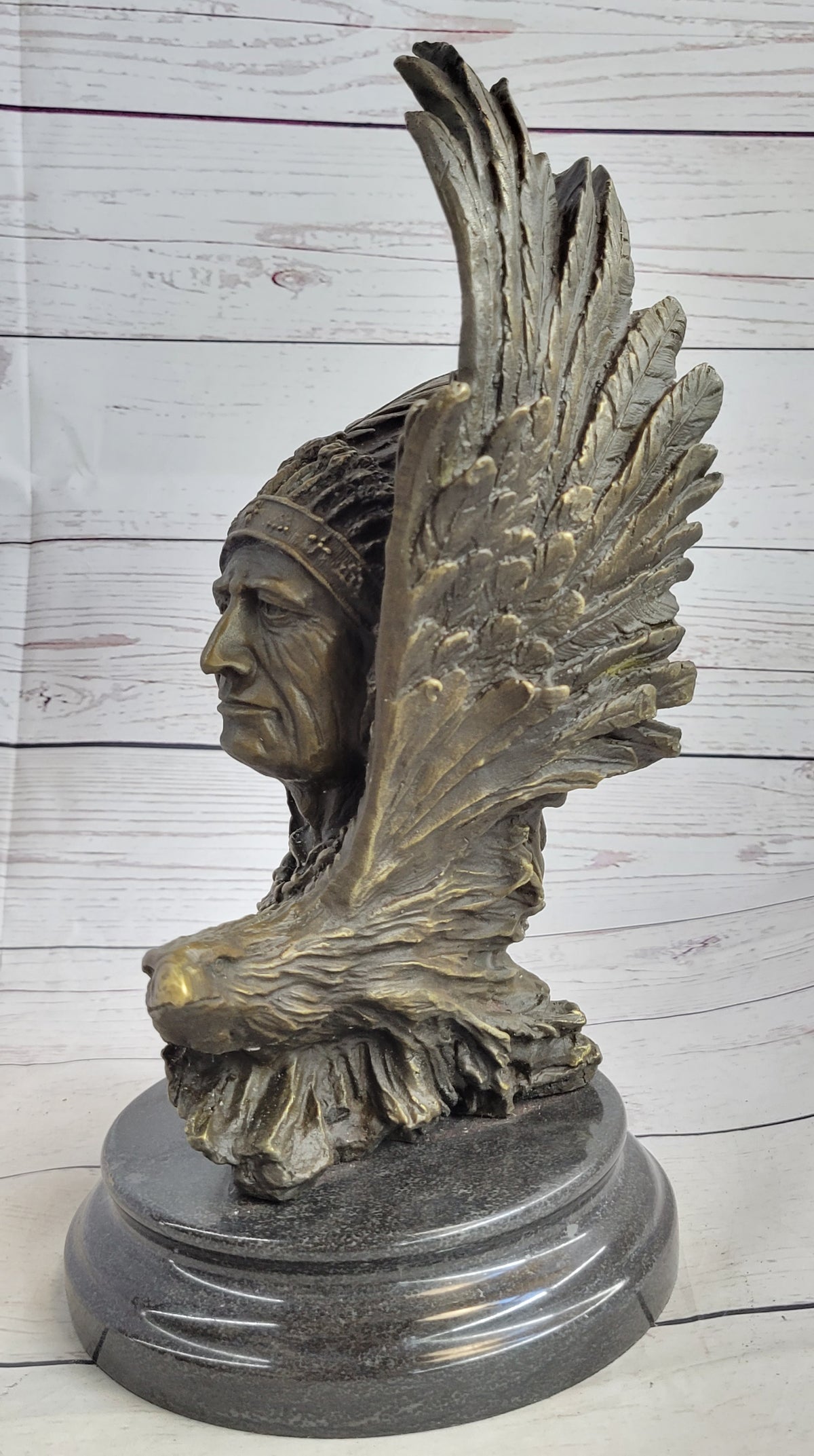 Native American Man & Eagle Bronze Metal Bust Sculpture Statue on Marb ...