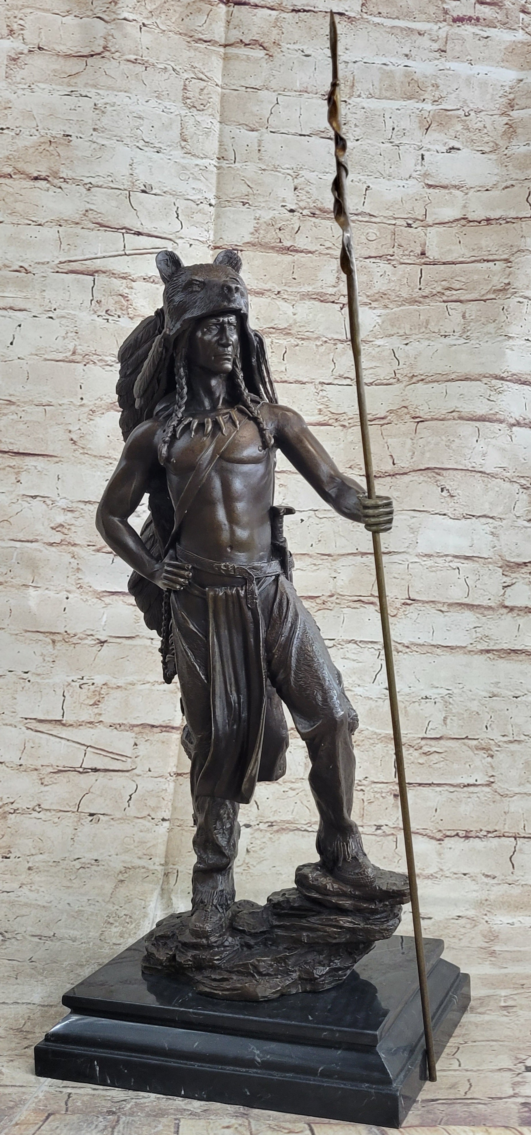 Native Indian Statue with Spear Bronze Finish Hand orders Painted Western Decor New