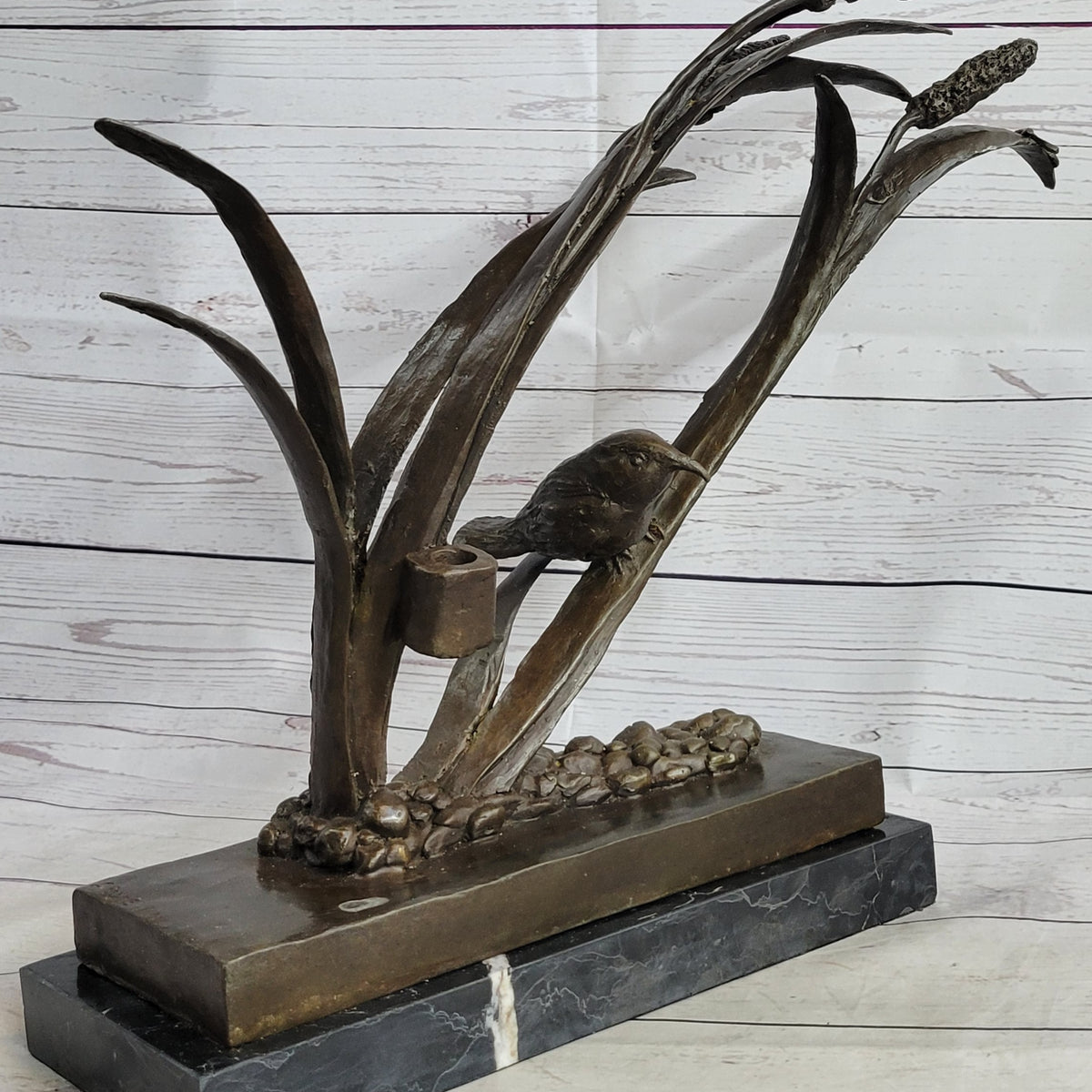 Bird on Reeds Swap Marsh Bronze Metal Statue Sculpture Decor on Marble ...