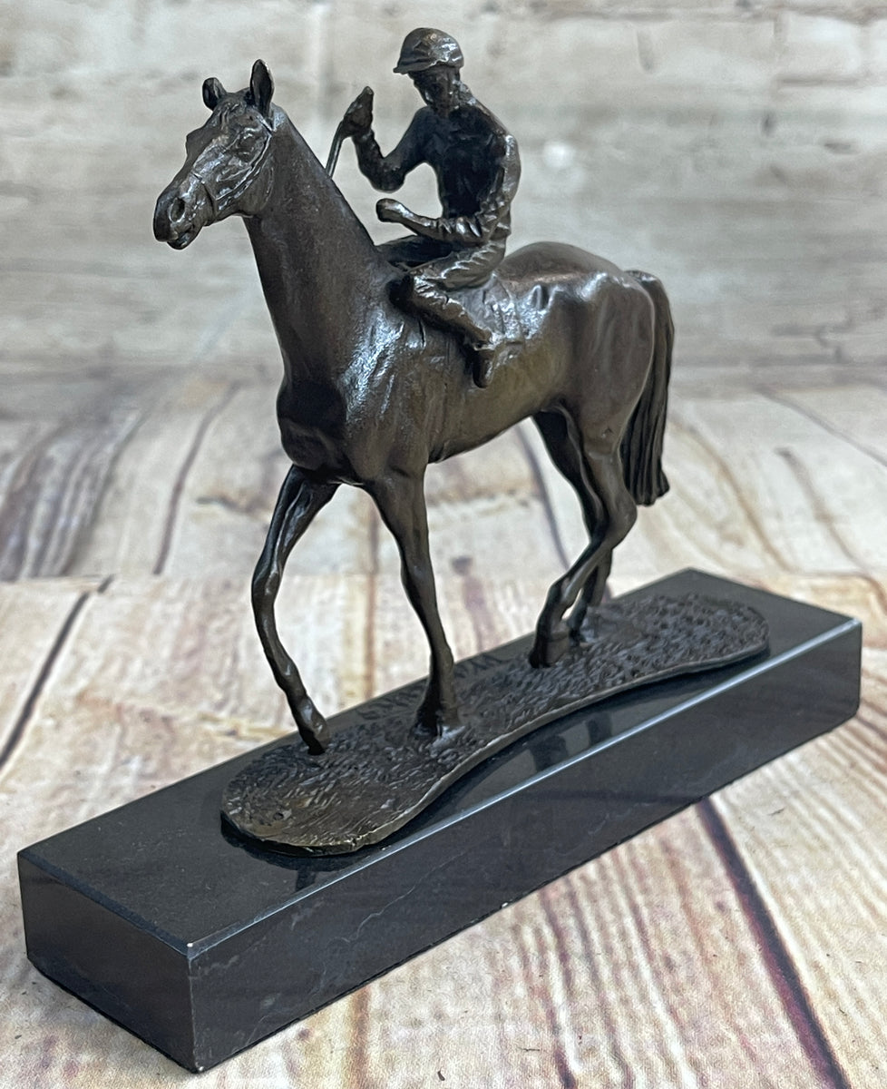 Miniature Jockey on Horse Equestrian Bronze Statue Sculpture Figurine