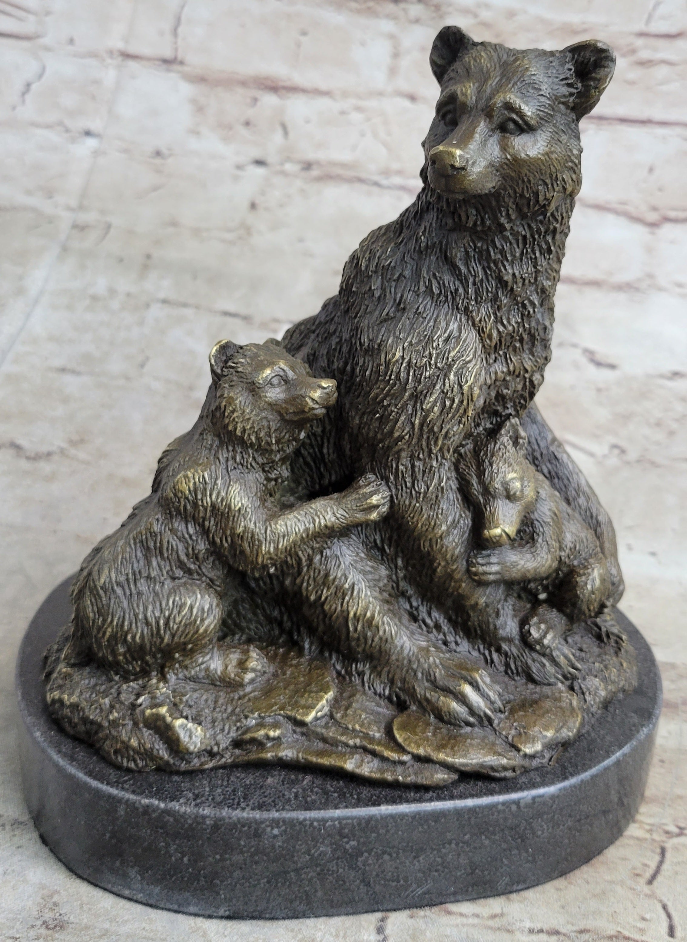 Signed Original Grizzly Bear with her two Cubs Bronze Sculpture Statue  Figurine