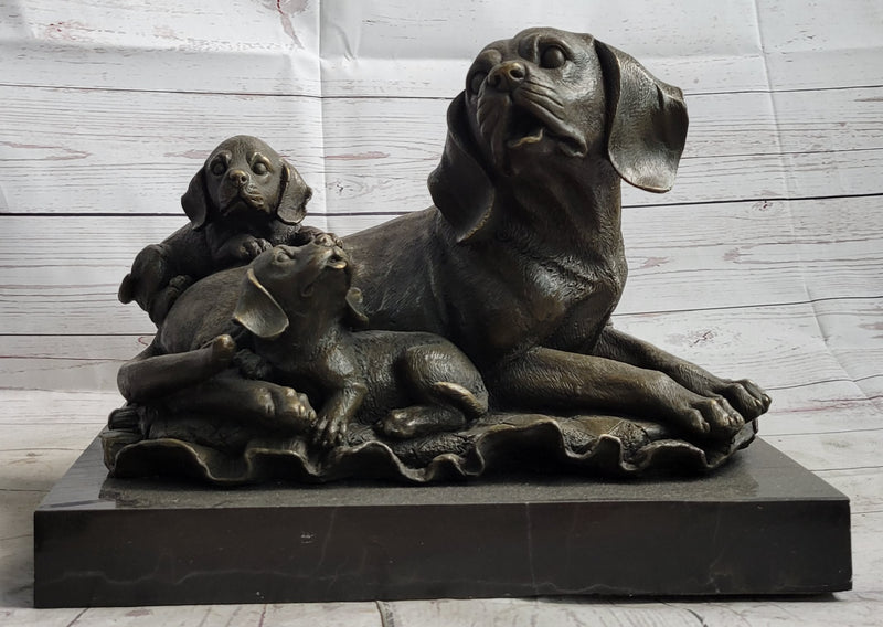 Mother Dog and Two Puppies Bronze Sculpture