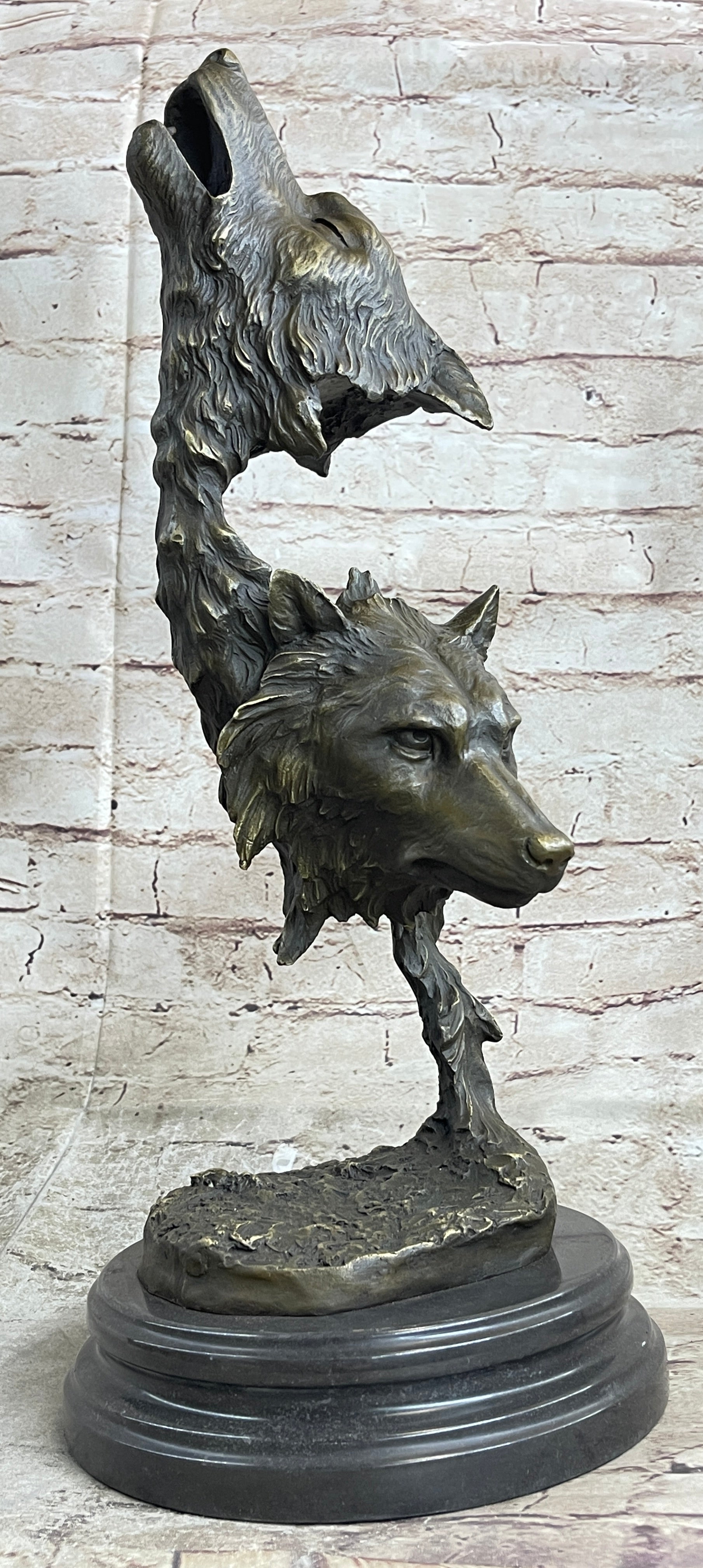 Large Two Wolves Wolf Head Bust Classic Wildlife Artwork Bronze Sculpt ...