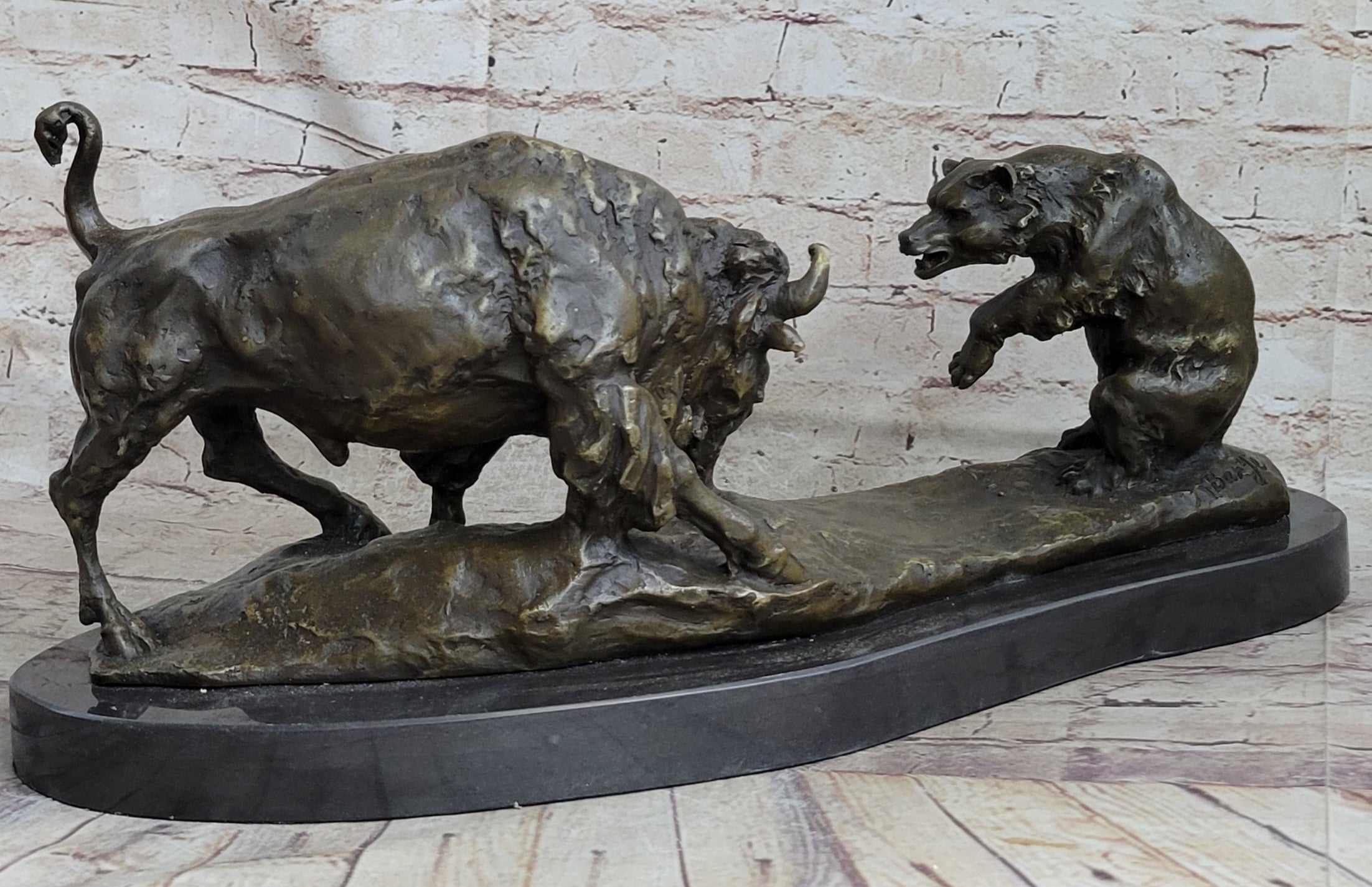 Bear vs. American Buffalo Bison Bronze Metal Statue Sculpture on