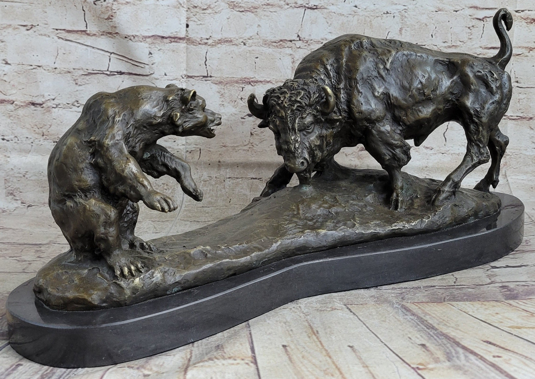 Bear vs. American Buffalo Bison Bronze Metal Statue Sculpture on Marble Base