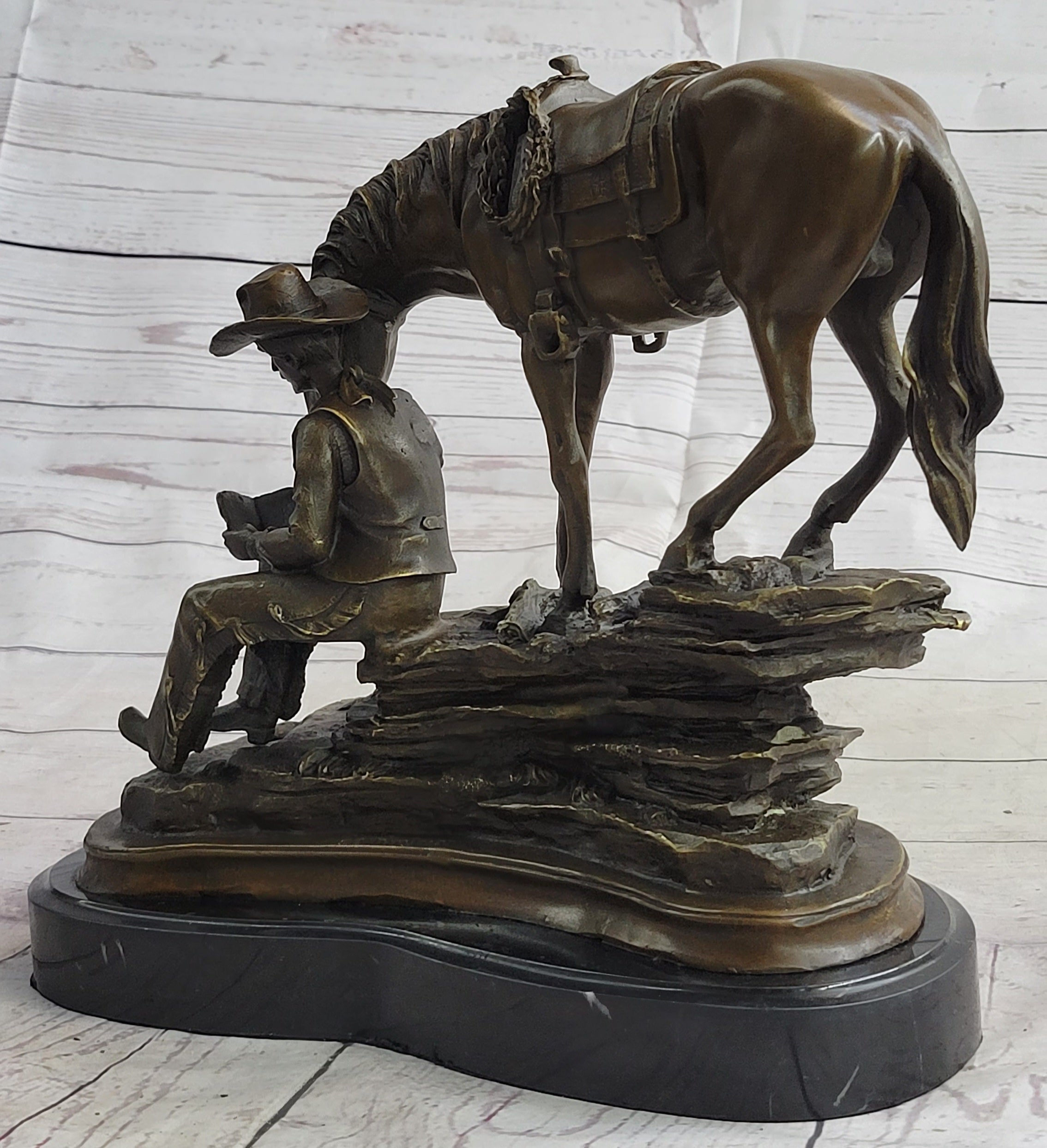 Old Cowboy authentic on Horse & Rearing Horse Metal Statues. Set of 2