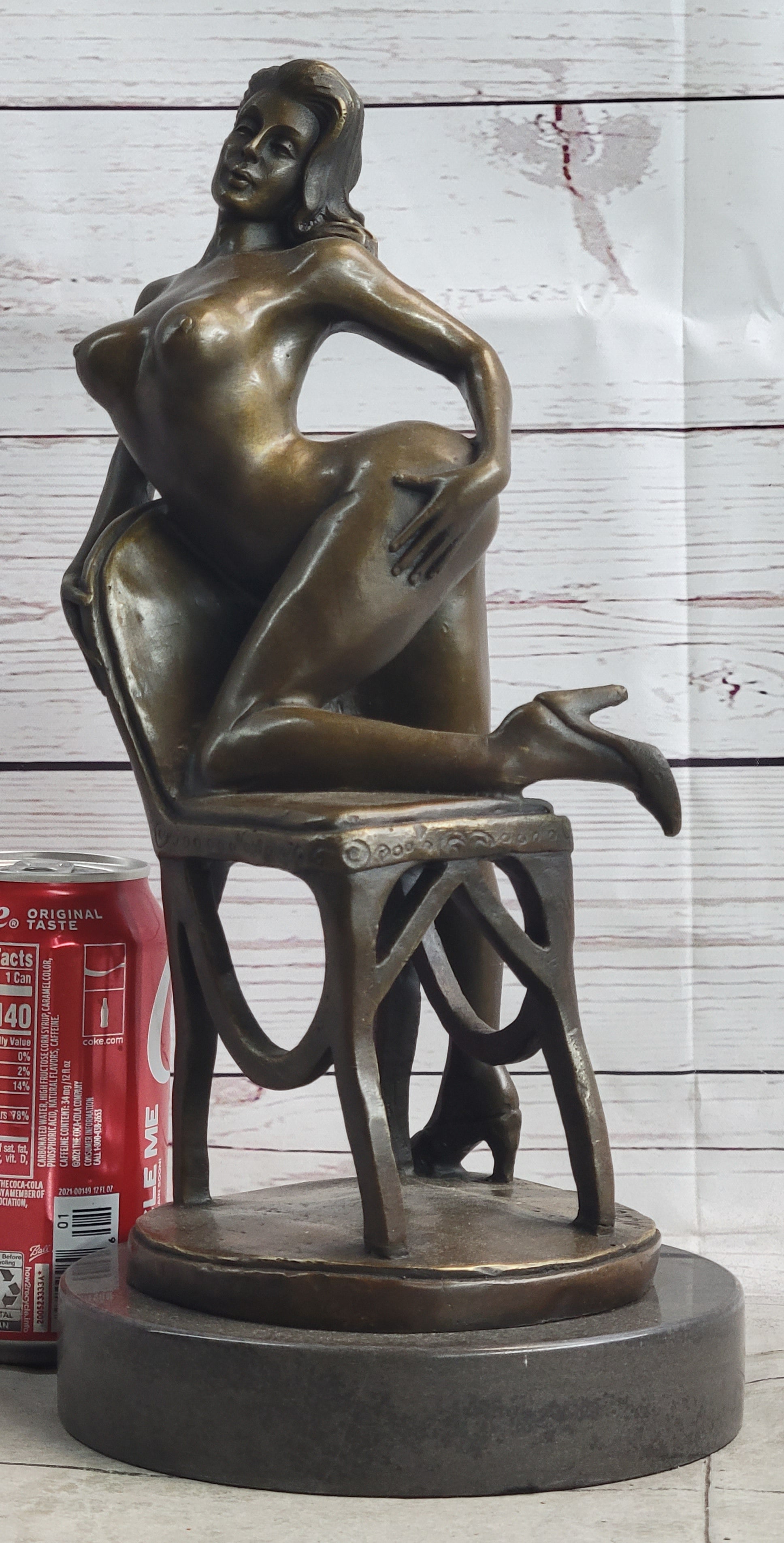 Erotic Art Nude Exhibitionist Girl Female Figure on Chair Bronze Sculp pic