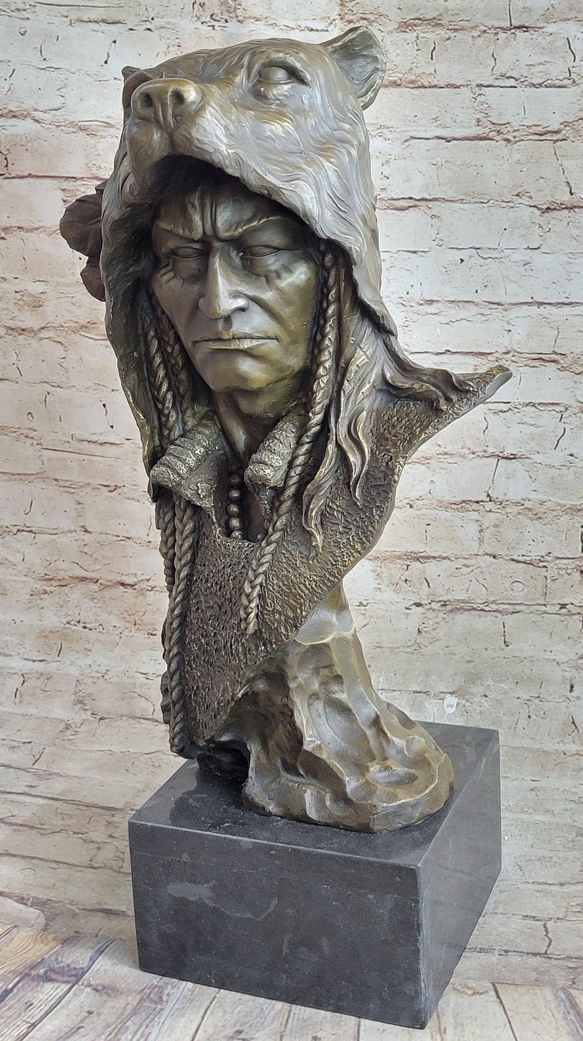 Signed Milo Native American Chief in Bear Headdress Bronze Sculpture ...